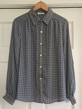 Max Studio Navy, White, Green, And Mustard Geometric Button-Down Blouse